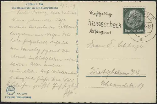 Hindenburg 6 PF EF Ansichtskarte Zittau Blumenuhr, Zittau/Postreisescheck 1939 