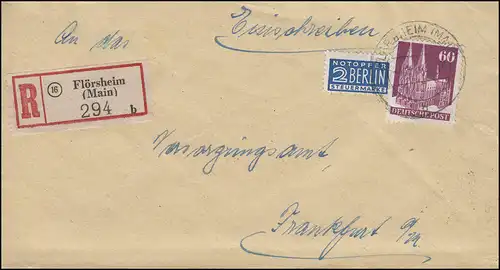 93eg Bauten 60 Pf mit Notopfer als EF auf R-Brief FLÖRSHEIM (MAIN) 4.8.1951