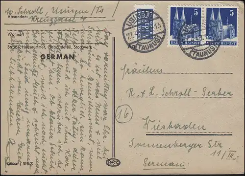 75wg Bauten-Paar mit Notopfer MeF Postkarte USINGEN / TAUNUS 27.4.49