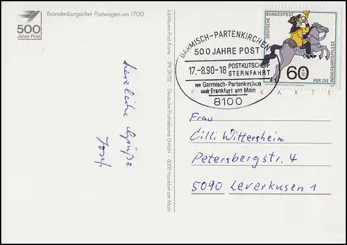 1437 Postreiter, AK Postwagen, SSt Garmisch-Partenkirchen Postkutsche 17.8.1990