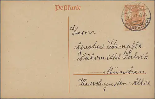 Carte postale P 110I Germania 7 1/2 p. de BUER (WESTF.) 20.2.1917 à Munich