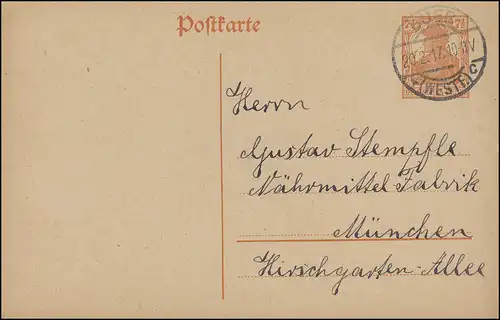 Postkarte P 110I Germania 7 1/2 Pf. von BUER (WESTF.) 20.2.1917 nach München