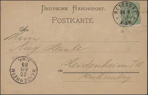 39 Ziffer 3 Pfennig EF auf Postkarte BETZDORF 24.8.1884 nach HEIDENHEIM 25.8.84