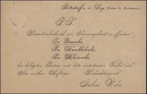 39 Ziffer 3 Pfennig EF auf Postkarte BETZDORF 24.8.1884 nach HEIDENHEIM 25.8.84