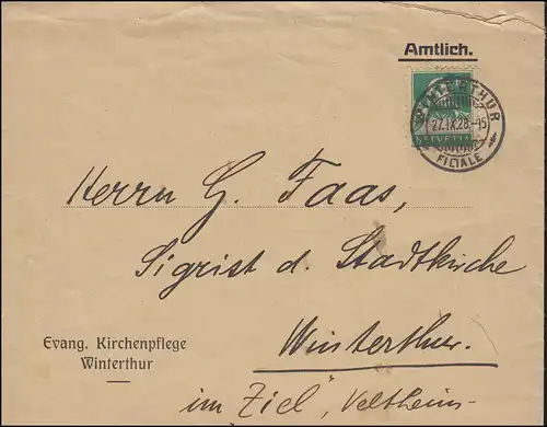 Tell avec arbalète 10 C. EF Lettre locale Evang. Eglise WINTERTHUR 27.9.1928