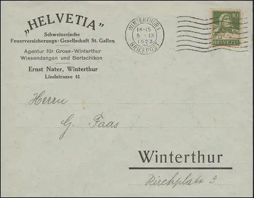 Tell mit Armbrust 10 C. EF Orts-Brief Feuerversicherung WINTERTHUR 5.9.1923