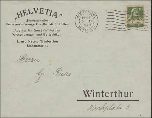 Tell mit Armbrust 10 C. EF Orts-Brief Feuerversicherung WINTERTHUR 5.9.1923