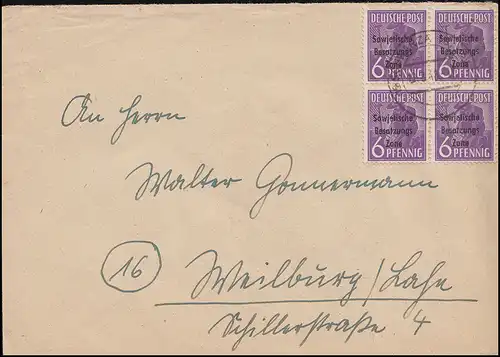 183 SBZ-Aufdruck im Viererblock auf Brief SCHWARZE (SAALE) 12.8.1948