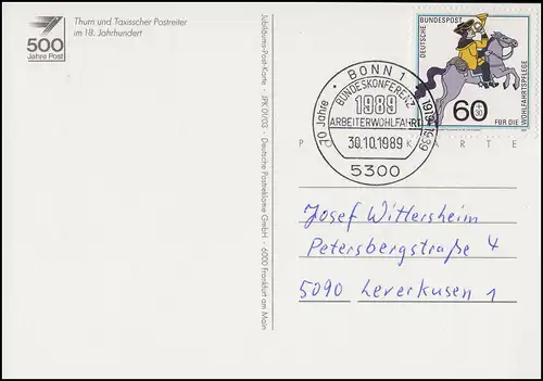 1437 Postreiter, EF AK Thurn und Taxis Postreiter SSt Bonn 70 Jahre AWO 30.10.89