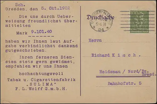 Überweisungsmitteilung Tabak & Zigarettenfabrik Sulima DRESDEN-ALTST. 7.10.1922