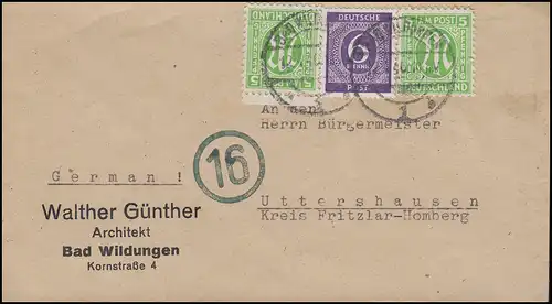 AM-Post 2x5 Pf. mit Gemeinschaft 6 Pf. Bf. BAD WILDUNGEN 12.4.46 n. Uttershausen