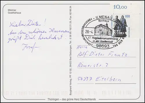 1934 Goethe, EF AK Weimar Goethehaus, SSt Ilmanau Goethestadt Rathaus 28.4.2001