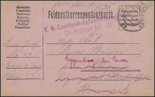 Poste de terrain Régiment de l'infanterie de la Landwehr St. Pölten Nr. 21, K.u.K FELDPOST 5318.2.16