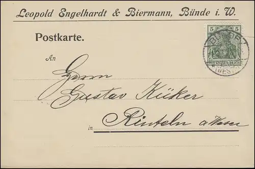 Germania 5 Pf EF Postkarte Papierbestellung BÜNDE / WESTF. 4.3.1911 nach Rinteln
