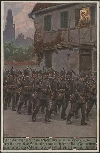 Carte de vue 1ère Guerre mondiale: Notre gris de champ / Marcher le matin, couru
