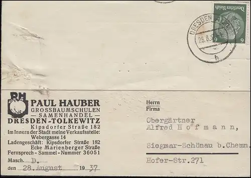 Commander Plantes fraises sur carte postale de semences Hauber DRESDEN 28.8.1937