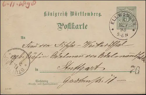 Carte postale P 37 chiffre avec DV 4 5 98, ELLWANGEN 6.11.1898 vers STUTTGART 7.11.