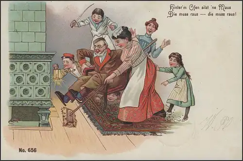Ansichtskarte: Hinter'm Ofen sitzt 'ne Maus ... Karikatur, Bahnpost 1900 