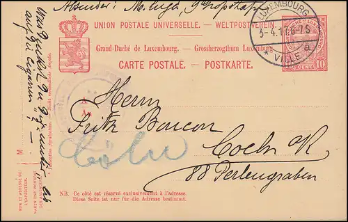 Censure Luxembourg Carte postale P 64 de LUXEMBOURG 3.4.17 à Cöln/Kölna