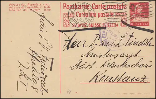 Zensur auf Schweiz Postkarte P 74a Tellbrustbild ZÜRICH 4.8.1916 nach Konstanz