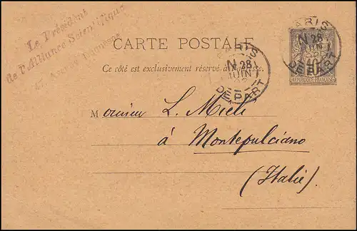 France Carte postale P 8 Commerce et paix PARIS 28.6.1892 à Montepulciano