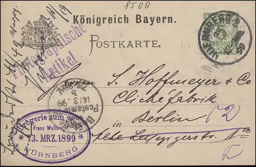 Postkarte P 44/05 Ziffer mit DV 99, NUERNBERG 13.3.1899 nach BERLIN 14.3.99