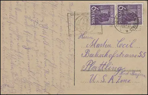 944 Pflanzer 2x 6 Pf. MeF Geburtsstagskarte HALLE / SAALE 19.3.48 nach Plattling