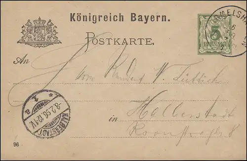Carte postale P 44/02 chiffre avec DV 96, IRMESLHAUSEN 6.2.1896 vers HEMIERstadt 8.2.