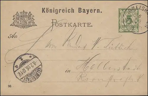 Postkarte P 44/02 Ziffer mit DV 96, IRMESLHAUSEN 6.2.1896 nach HALBERSTADT 8.2.