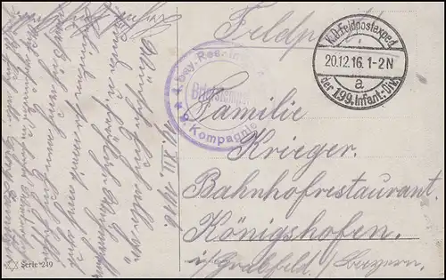 Poste de terrain 4. bay. Régiment Res. Infant. FELDPOST de la 199. Infant Div. 20.12.16
