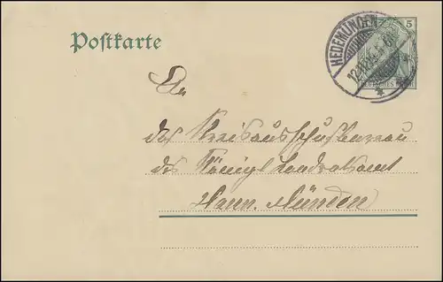 Carte postale P 78 Germania 5 Pf de HEDEMÜN 12.11.1909 à Hann. Münden