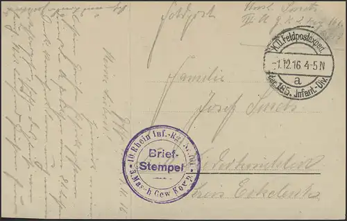 Carte de vue Poste de champ Pezonne, Masch-Gew.-Comp.1.12.16 n. Birth/Niederkrachten