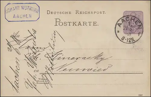 Postkarte P 18I Ziffer mit DV 1287, Einkreis AACHEN 1. -  21.6.1888 nach Neuwied