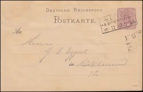 Postkarte P 12/01 Ziffer 5 Pfennig DV 9 83 ALLSTEDT Sachsen-Weimar 15.11.1883