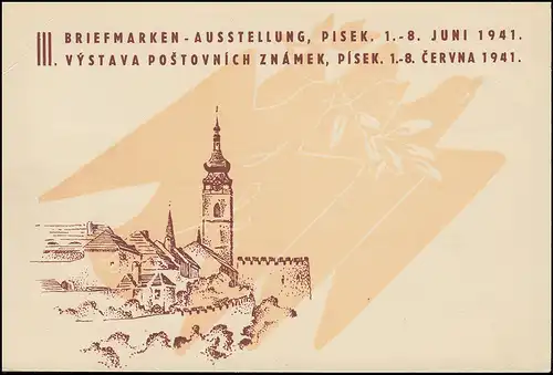 Böhmen und Mähren Sonderpostkarte Briefmarken-Ausstellung EF 64 SSt PISEK 2.6.41