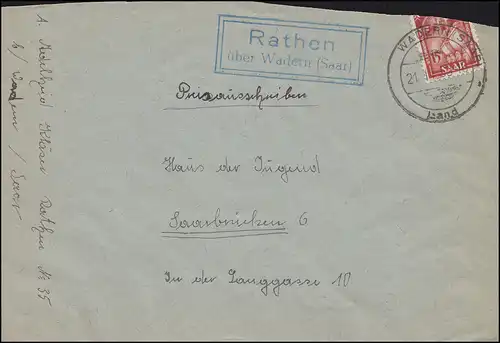 Landpost Rathen über WADERN (SAAR) LAND 21.11.1950, Brief nach Saarbrücken