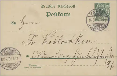 Carte postale P 36, paragraphe 5 pf. sans DV, VAREL 16.3.900 vers OLDENBURG 16.3.1900