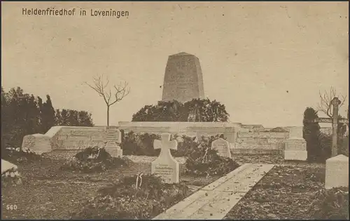 Ansichtskarte Feldpost Heldenfriedhof in Loveningen 14.8.17 n.Birth/Niederkrüch.