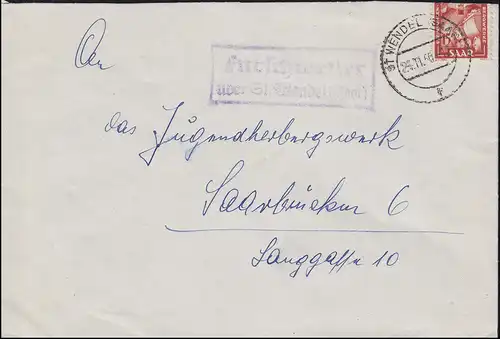 Landpost Furschweiler sur ST. WENDEL 14.11.1950 sur lettre à Sarrebruck