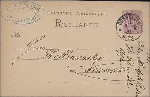 Carte postale P 10 chiffre sans DV, avec espace, DÜSSELDORF 1. - 5.2.1881 vers Neuwied