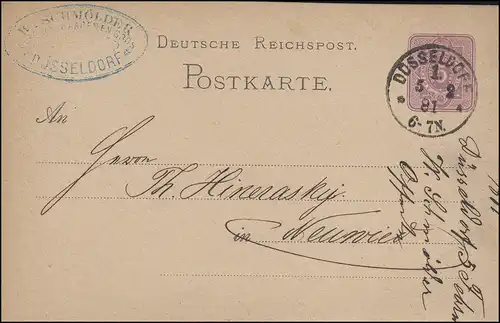 Postkarte P 10 Ziffer ohne DV, mit Lücke, DÜSSELDORF 1. - 5.2.1881 nach Neuwied