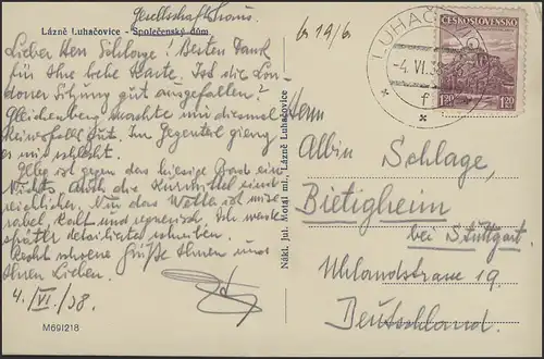 Ansichtskarte Luhacovice/Tschechoslowakei: Gesellschaftshaus, 4.6.1938