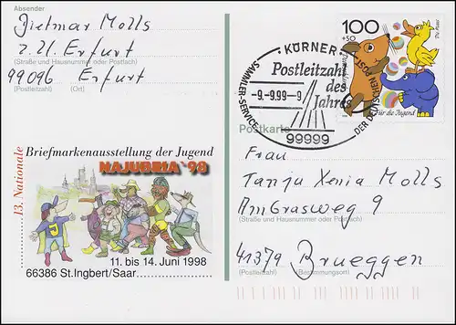 Postleitzahl des Jahres 1999: 99999 Körner 9.9.99-9 auf PSo 53 NAJUBRIA'98