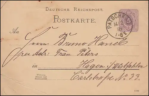 Postkarte P 18I Ziffer 5 Pfennig DV 1188 von PATSCHKAU 14.1.1889 nach Hagen