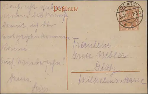 Carte postale P 110I Germania 7 1/2 pf. portable Carte postal locale GLATZ 20.11.1917