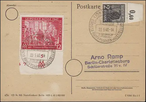 912 OR Ziffer 2 Pf. mit 965 Messe mit UR auf Postkarte SSt LEIPZIG 23.4.1948