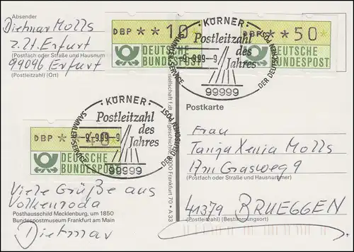Postleitzahl des Jahres 1999: 99999 Körner 9.9.99-9 auf Postkarte mit 3 ATM 