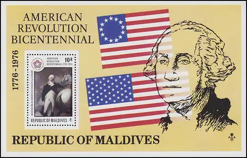 Malediven: Jahrestag Unabhängigkeit der USA Washigton & Sternenbanner, Block **