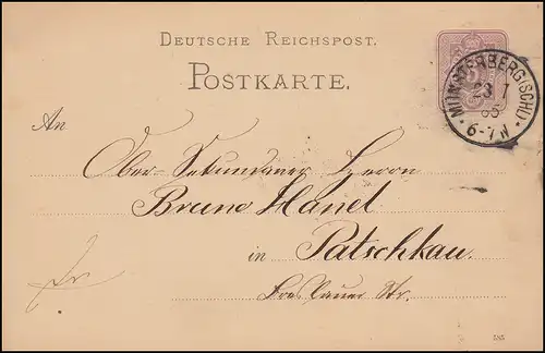 Postkarte P 12/02A Ziffer 5 Pfennig DV 585 MÜNSTERBERG (SCHL.) 23.7.1885 