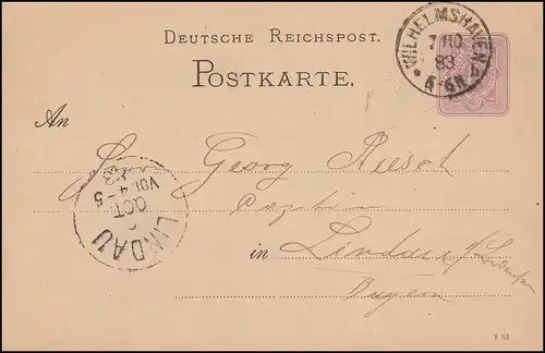 Carte postale P 12/01, paragraphe 5 Pfennig DV 7 83 WILHELMSHAVEN 7.10.1883 n.LINDAU 8.10